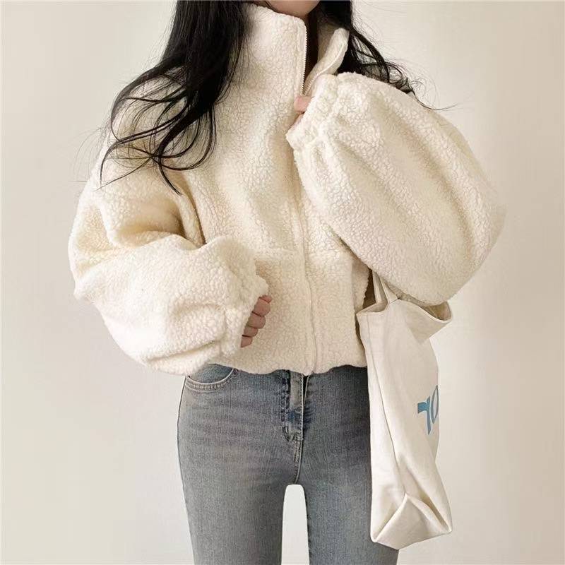 Women Stand Collar Cropped Zip - Sherpa Hoodie Fleece recension och pris