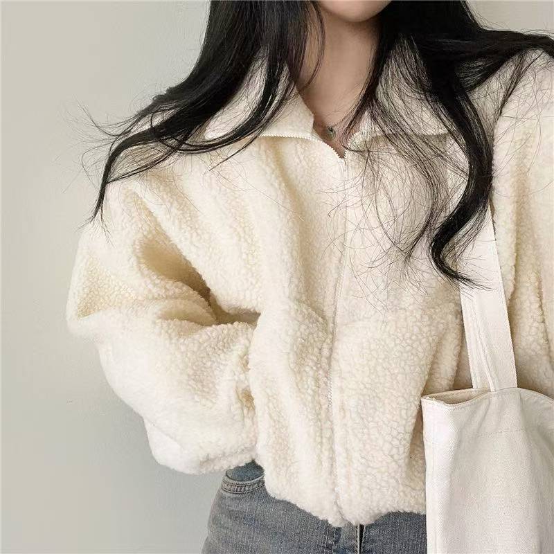 Women Stand Collar Cropped Zip - Sherpa Hoodie Fleece recension och pris